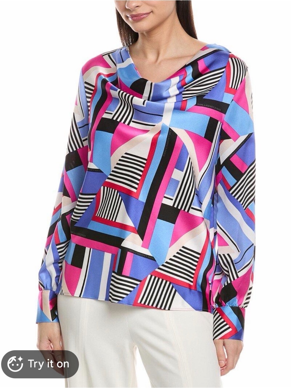 Karl Lagerfeld Geometric Cowl-Neck Blouse in Pink & Blue